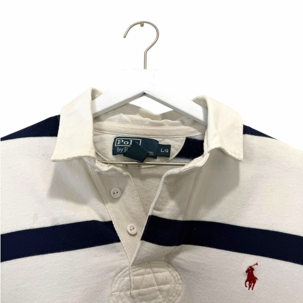 Polo Ralph Lauren Striped Rugby Shirt Cream Navy Long Sleeve Size Large - Picture 3 of 9